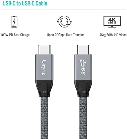Giryriz USB-C 3.2 GEN 2x2 כבל 3.3ft [100W, 20GBPS], USB C ל- USB C כבל עם טעינה מהירה של PD ופלט